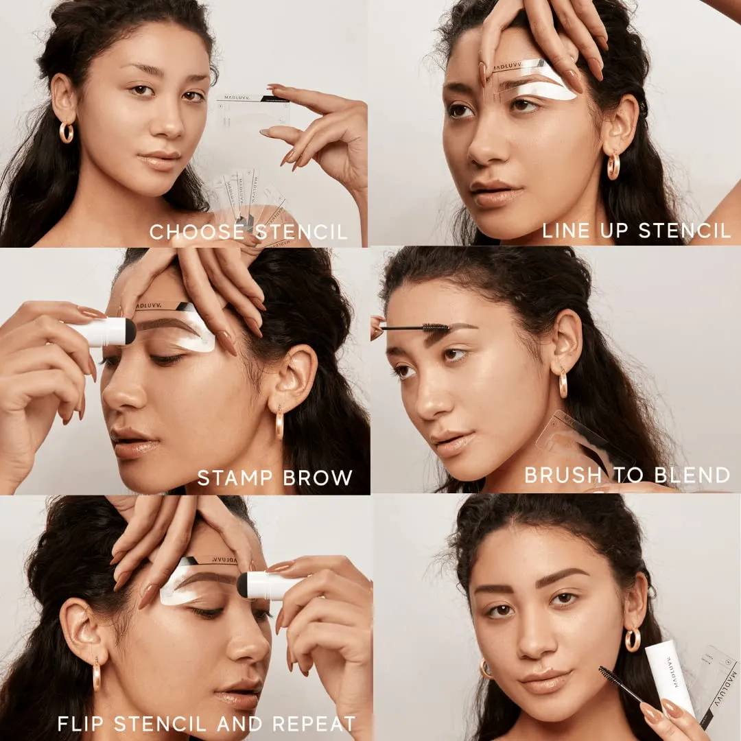 MADLUVV Eyebrow Stencil Kit - Easy-to-Use, Natural Look, 9 Popular Shapes, Used by Professionals - Includes Stamp, Stencils, Spoolie, and Travel Bag (True Red)