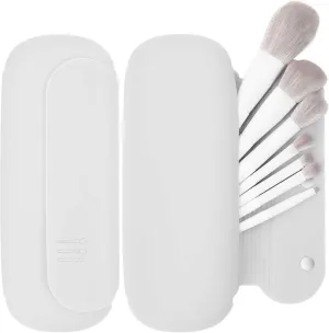 Makeup Brush Holder,Silicon Portable Cosmetic Face Brushes Holder with Built-in Brush Cleaner,Upgrade Travel Essentials Makeup Brush Case,Makeup Tools Organizer for Travel, White