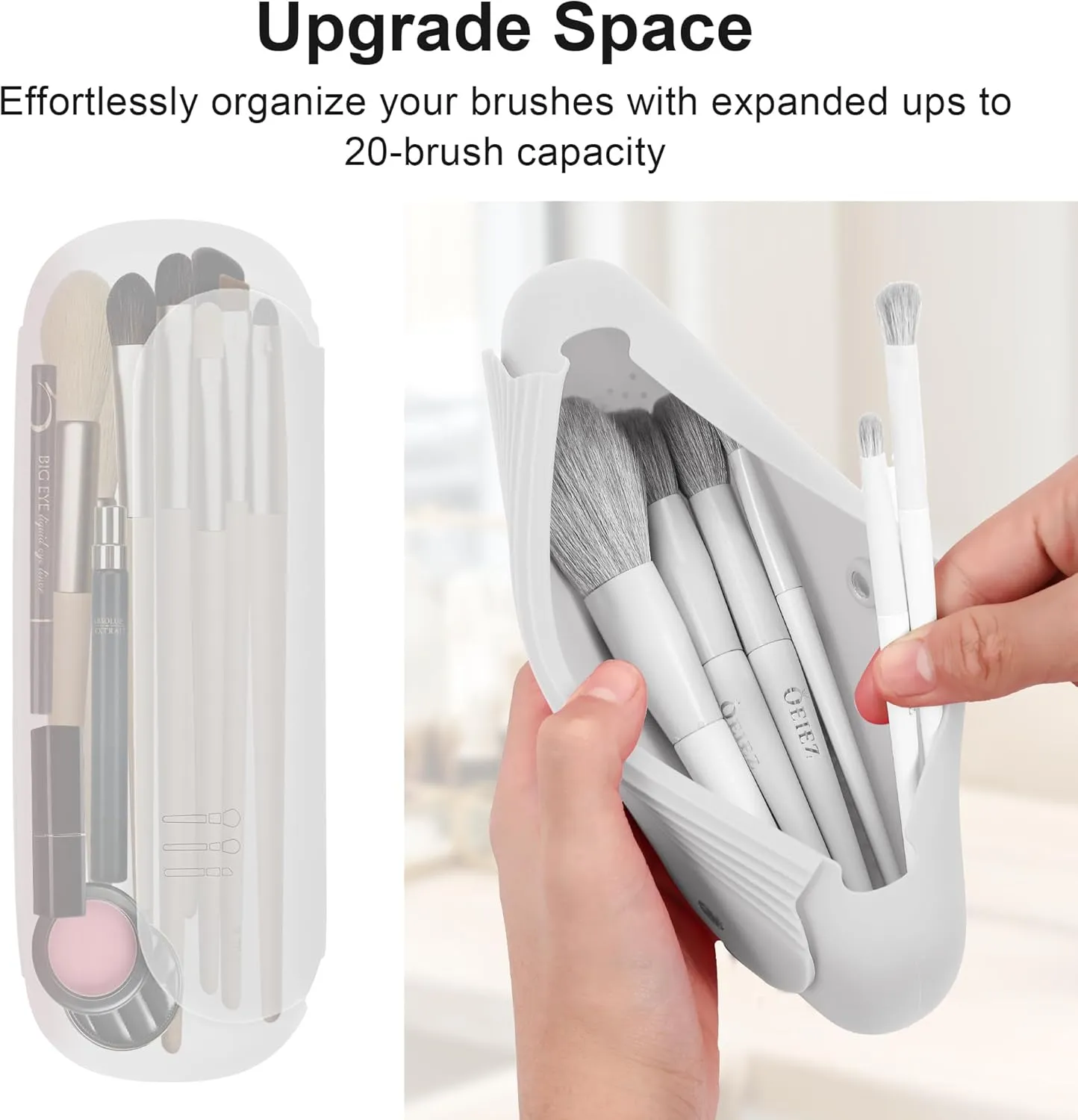 Makeup Brush Holder,Silicon Portable Cosmetic Face Brushes Holder with Built-in Brush Cleaner,Upgrade Travel Essentials Makeup Brush Case,Makeup Tools Organizer for Travel, White