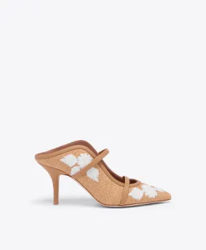 Maureen 70 Camel Embroidered Raffia Heeled Mules