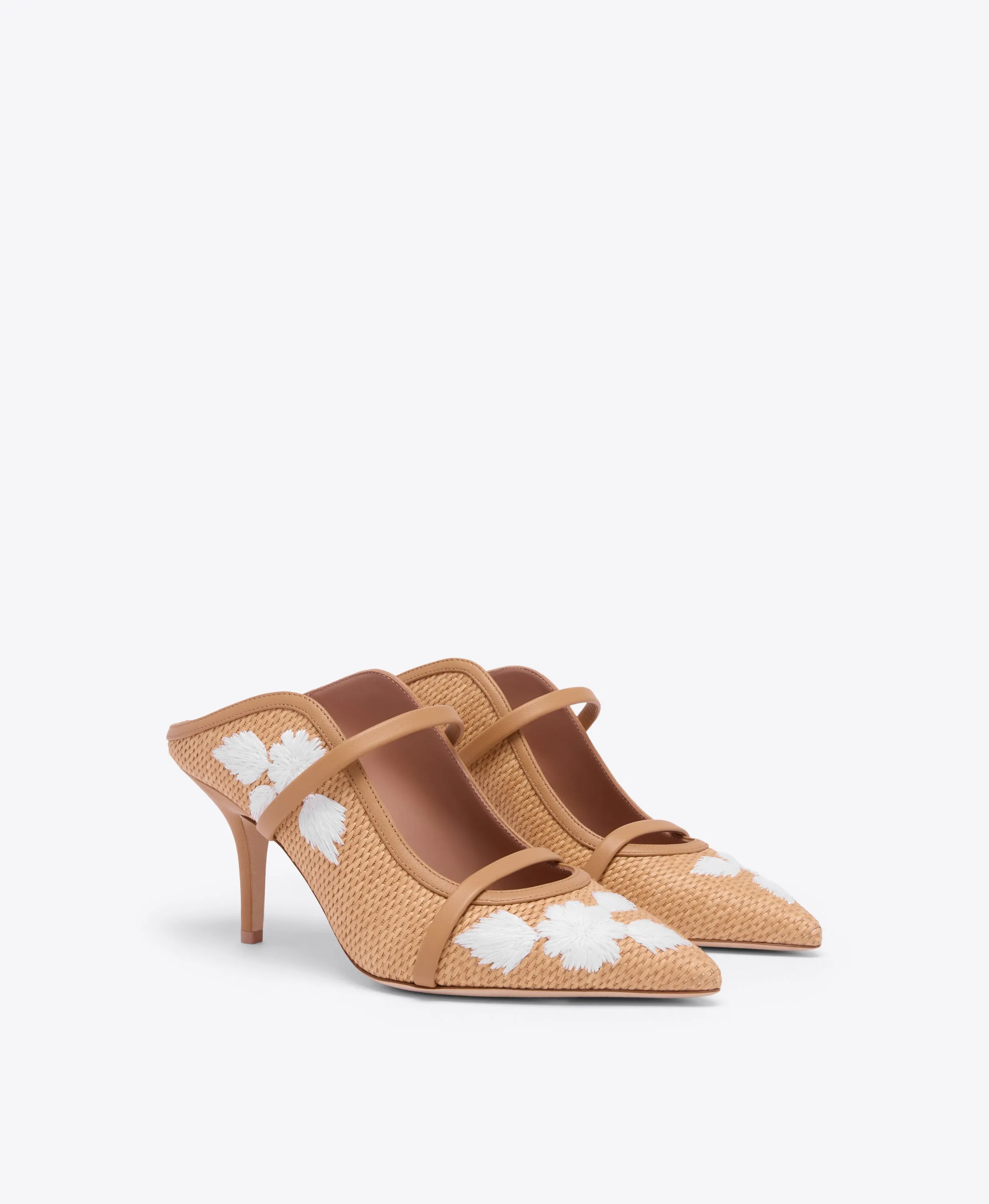 Maureen 70 Camel Embroidered Raffia Heeled Mules