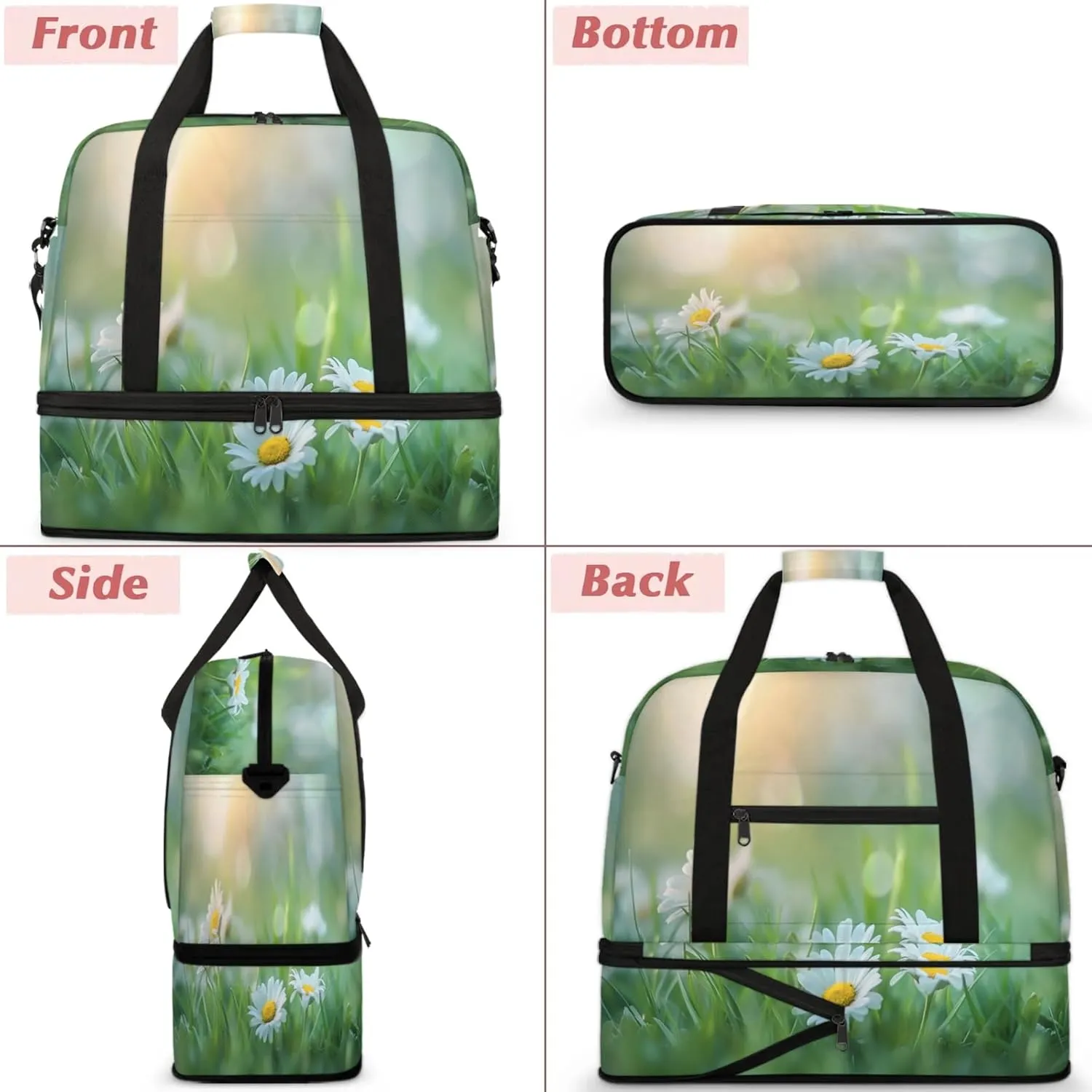 Meadow Flower DaisyTravel Duffel Bags for Women & Men Large Sports Gym Bags Foldie Weekender Overnight Bag Carry On Tote Bag With Shoe Compartment Personal Item Bag for Travel Sports Gym