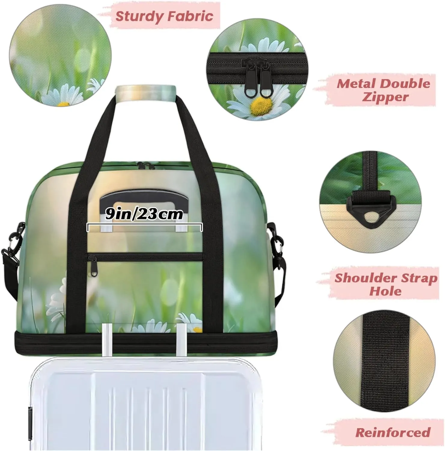 Meadow Flower DaisyTravel Duffel Bags for Women & Men Large Sports Gym Bags Foldie Weekender Overnight Bag Carry On Tote Bag With Shoe Compartment Personal Item Bag for Travel Sports Gym