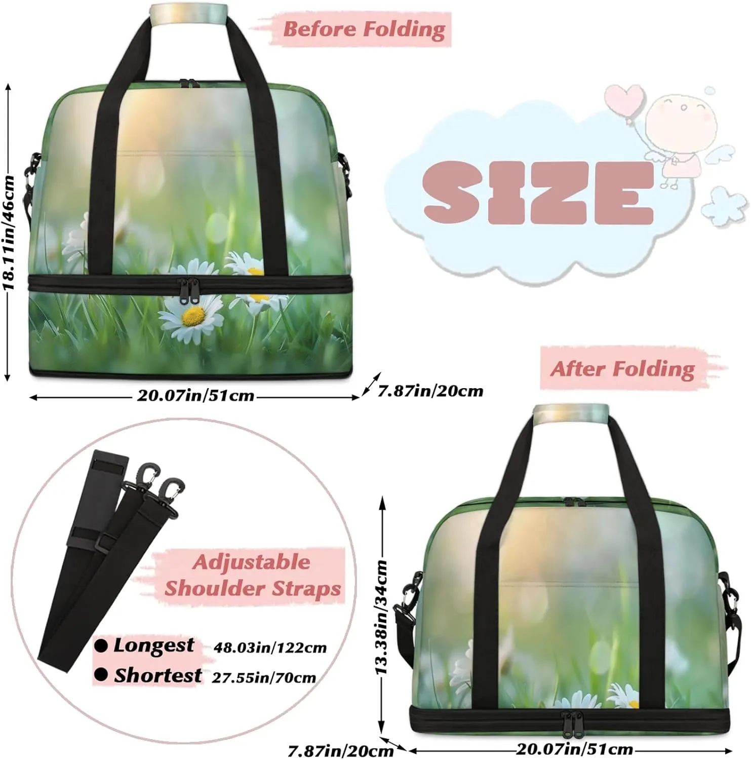 Meadow Flower DaisyTravel Duffel Bags for Women & Men Large Sports Gym Bags Foldie Weekender Overnight Bag Carry On Tote Bag With Shoe Compartment Personal Item Bag for Travel Sports Gym