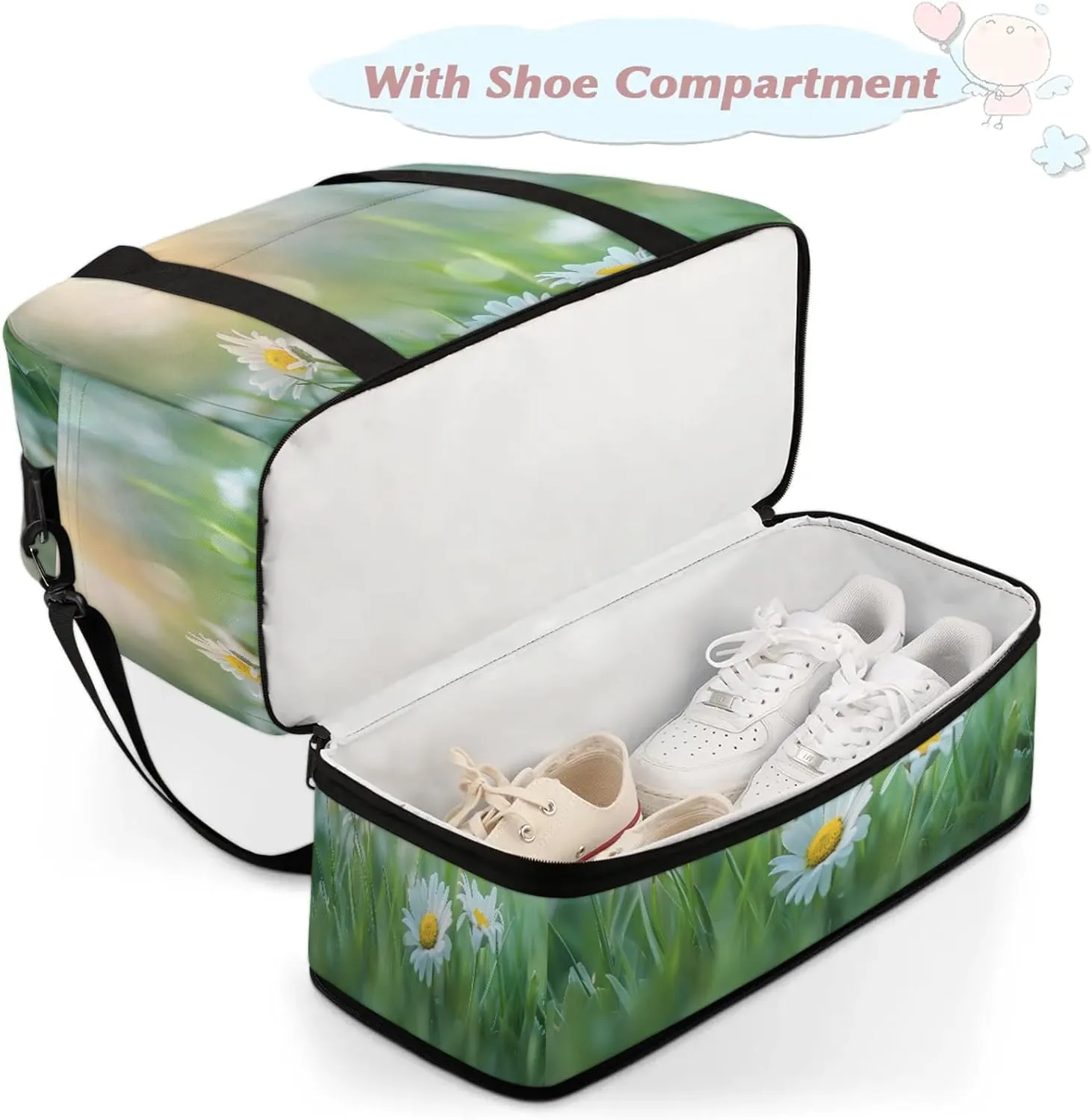 Meadow Flower DaisyTravel Duffel Bags for Women & Men Large Sports Gym Bags Foldie Weekender Overnight Bag Carry On Tote Bag With Shoe Compartment Personal Item Bag for Travel Sports Gym