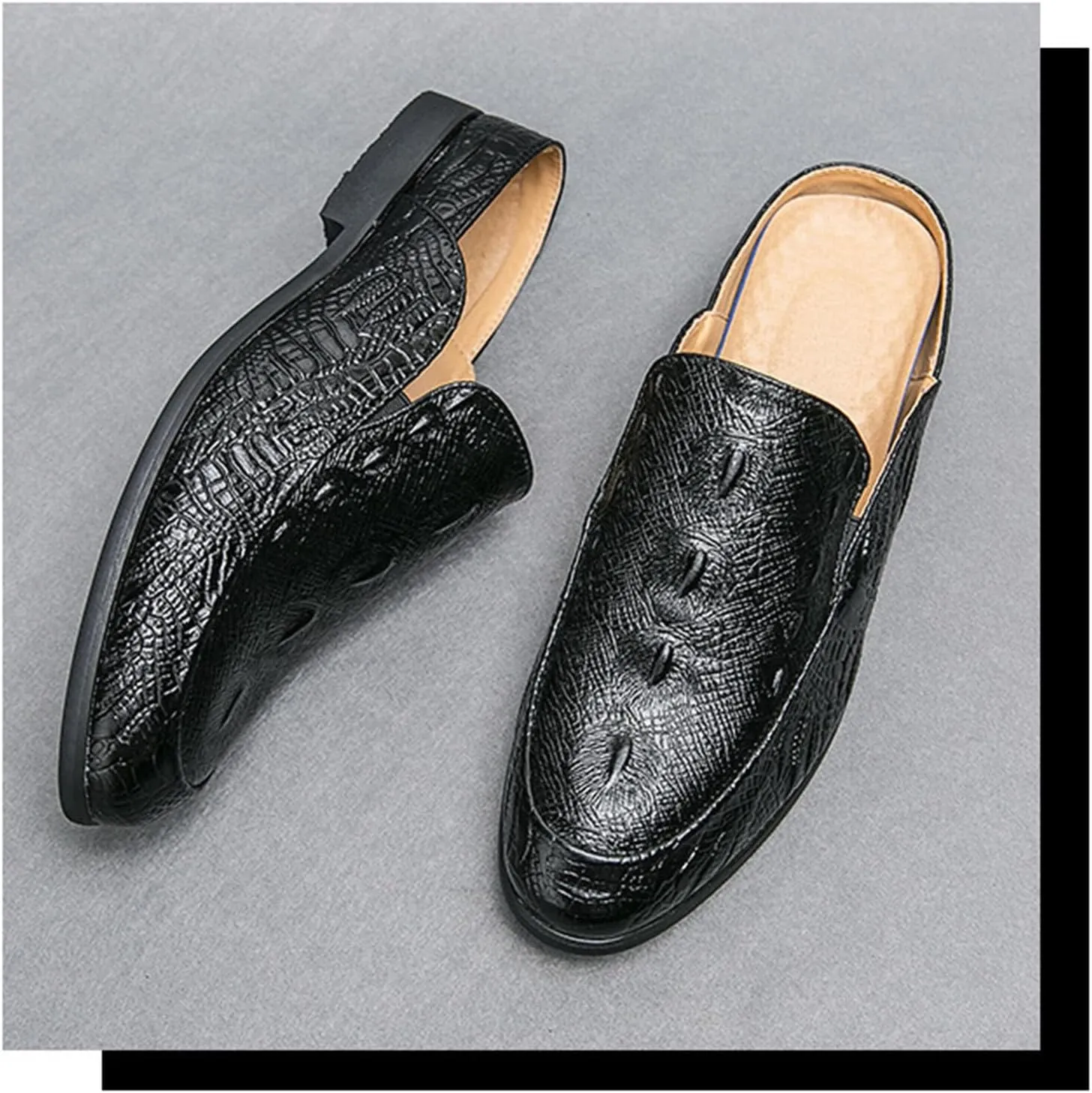 Men's Fashion Backless Loafers Genuine Leather Mule Shoes Leisure Anti Slip Patterned Breathable Mule Shoes