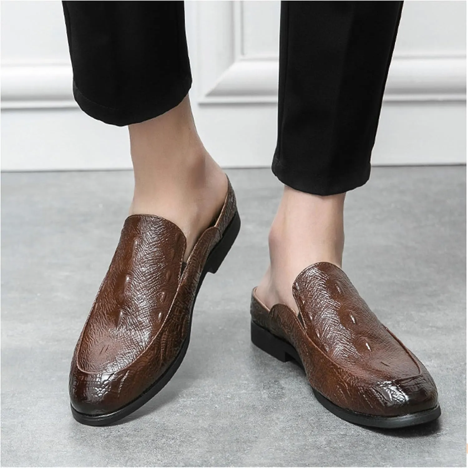 Men's Fashion Backless Loafers Genuine Leather Mule Shoes Leisure Anti Slip Patterned Breathable Mule Shoes