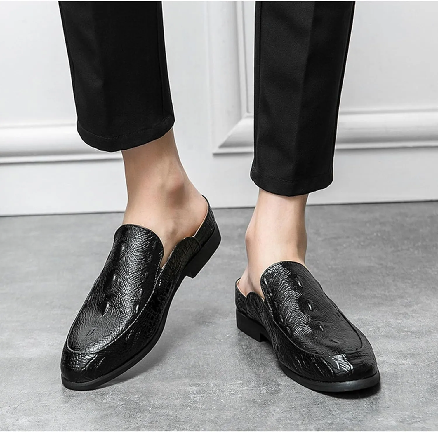Men's Fashion Backless Loafers Genuine Leather Mule Shoes Leisure Anti Slip Patterned Breathable Mule Shoes