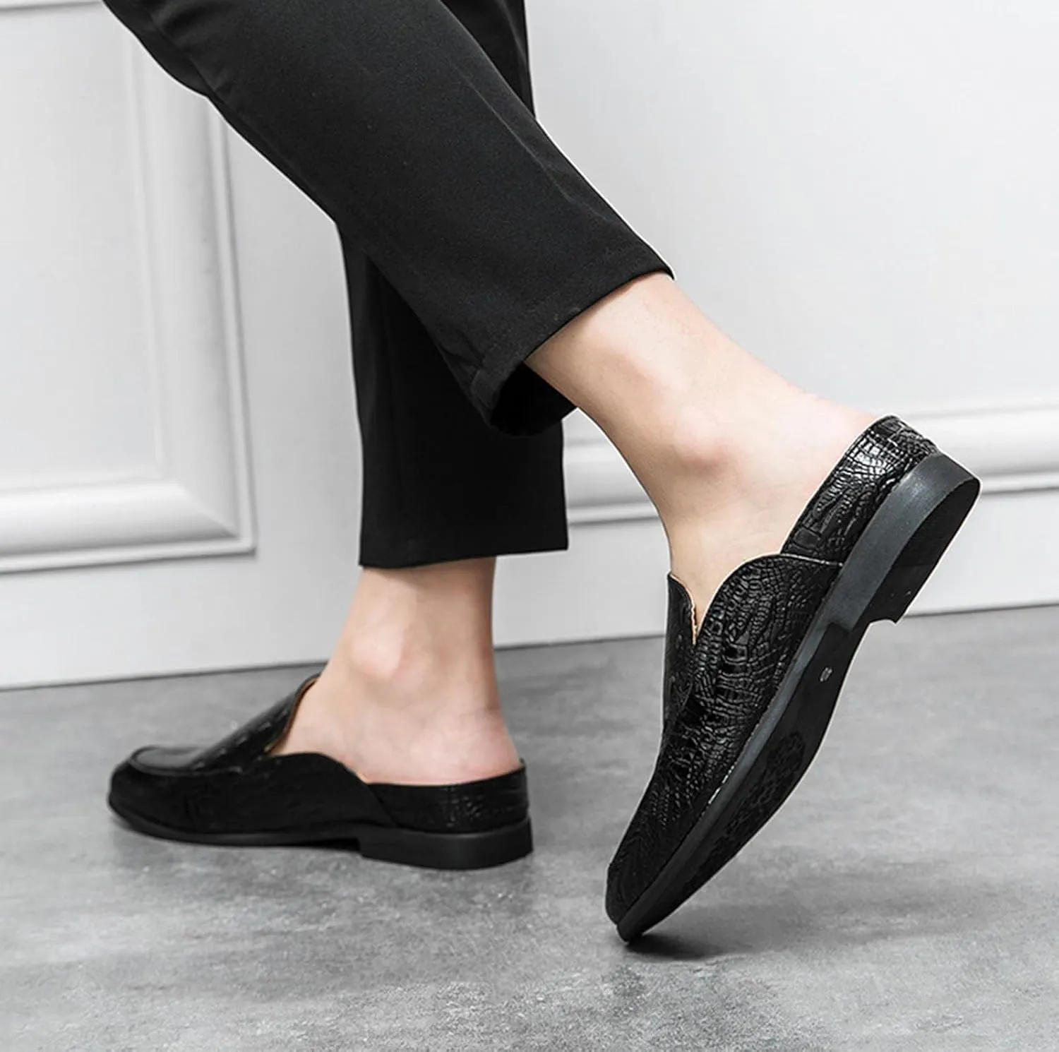 Men's Fashion Backless Loafers Genuine Leather Mule Shoes Leisure Anti Slip Patterned Breathable Mule Shoes