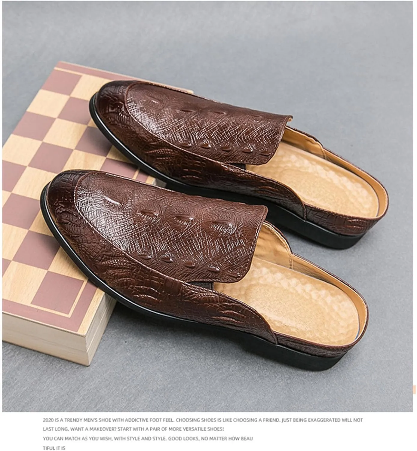 Men's Fashion Backless Loafers Genuine Leather Mule Shoes Leisure Anti Slip Patterned Breathable Mule Shoes