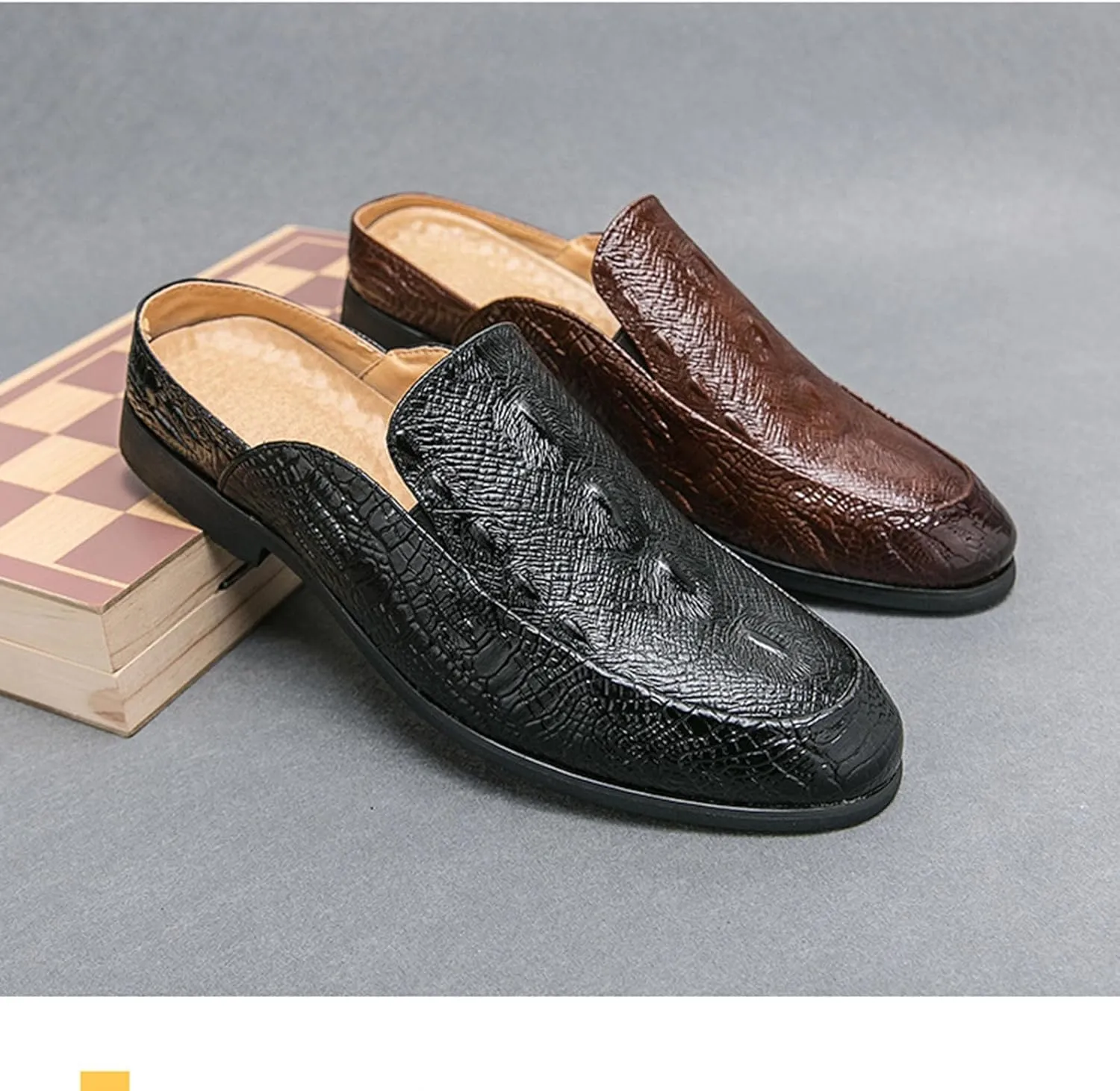 Men's Fashion Backless Loafers Genuine Leather Mule Shoes Leisure Anti Slip Patterned Breathable Mule Shoes
