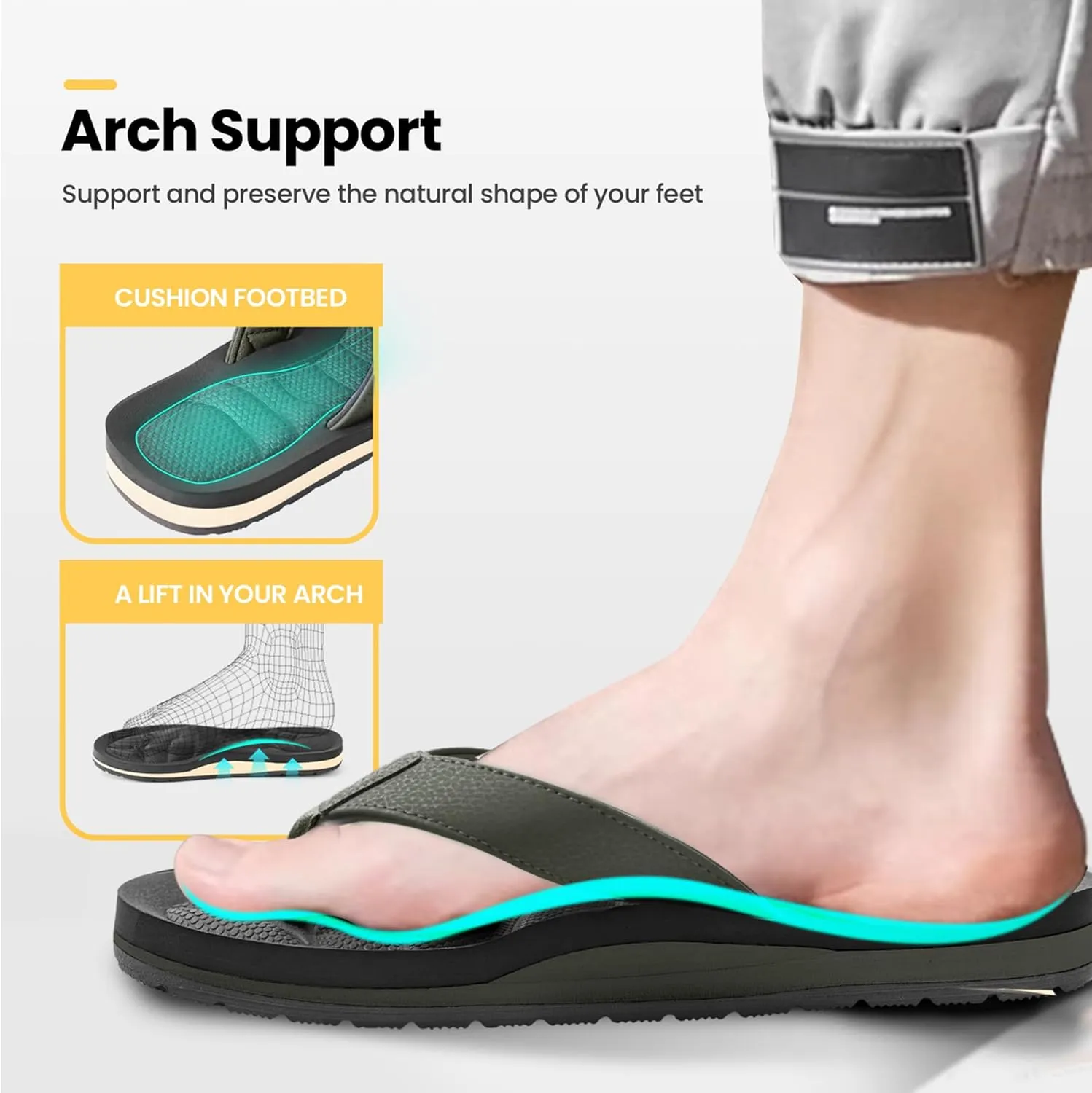 Mens Flip Flops - Comfort Arch Support Slides - Memory Foam Slip On Beach Sandals - Waterproof Open Toe Thong Slippers Summer Footwear