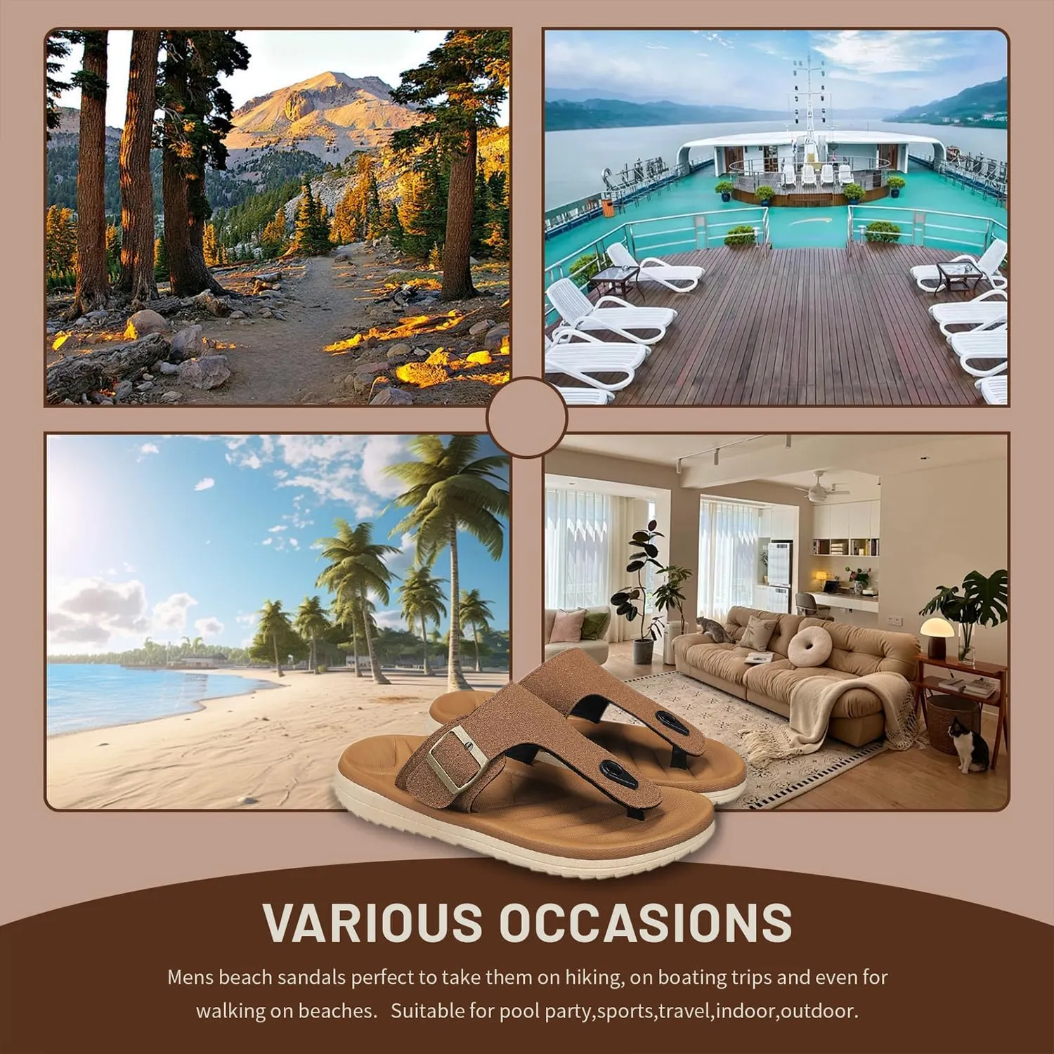 Mens Thong Sandals Adjustable Buckles Open Toe Summer Beach Flip Flops for Men, Soft Cushion Arch Support