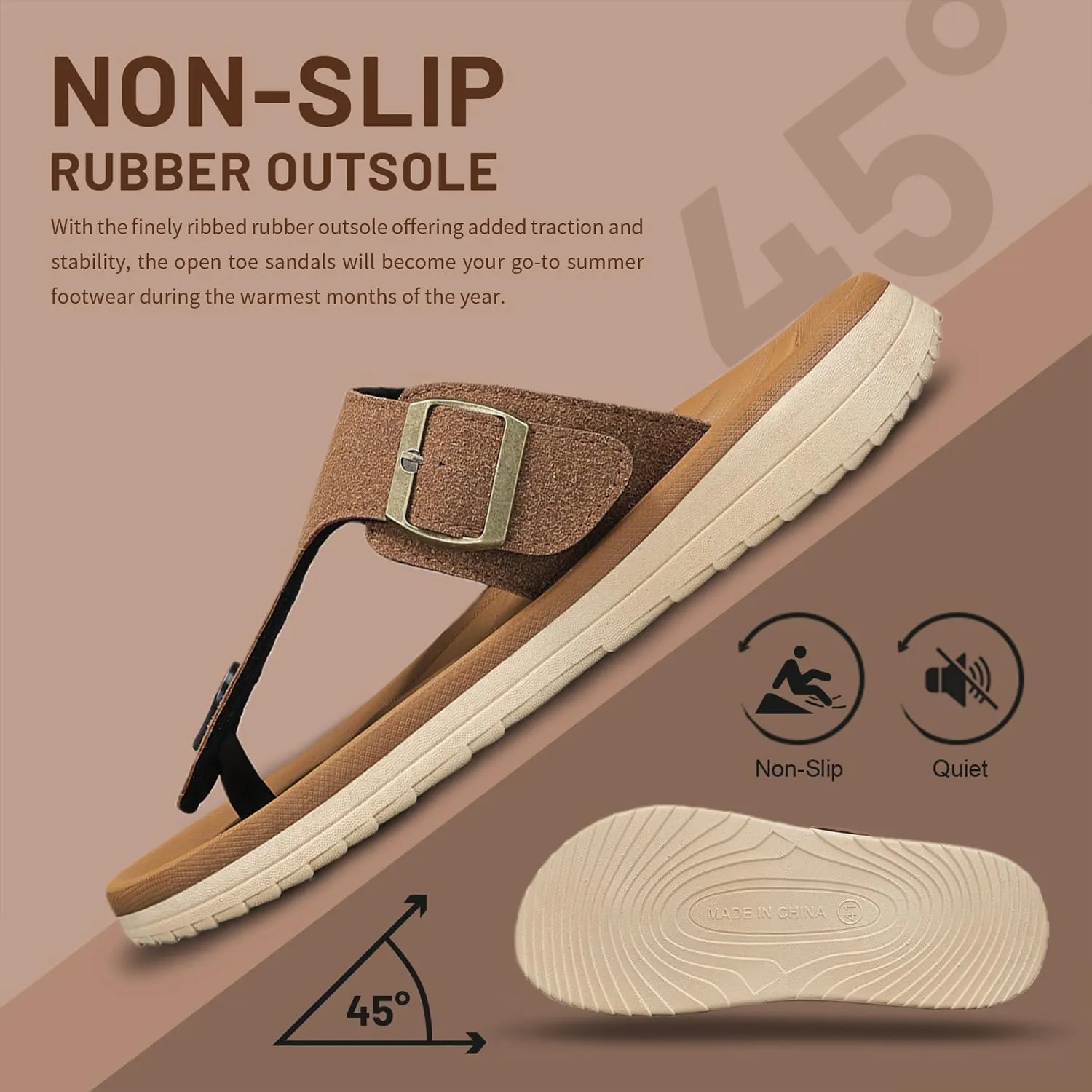 Mens Thong Sandals Adjustable Buckles Open Toe Summer Beach Flip Flops for Men, Soft Cushion Arch Support