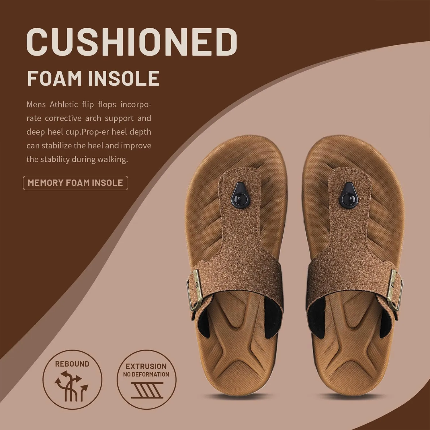 Mens Thong Sandals Adjustable Buckles Open Toe Summer Beach Flip Flops for Men, Soft Cushion Arch Support