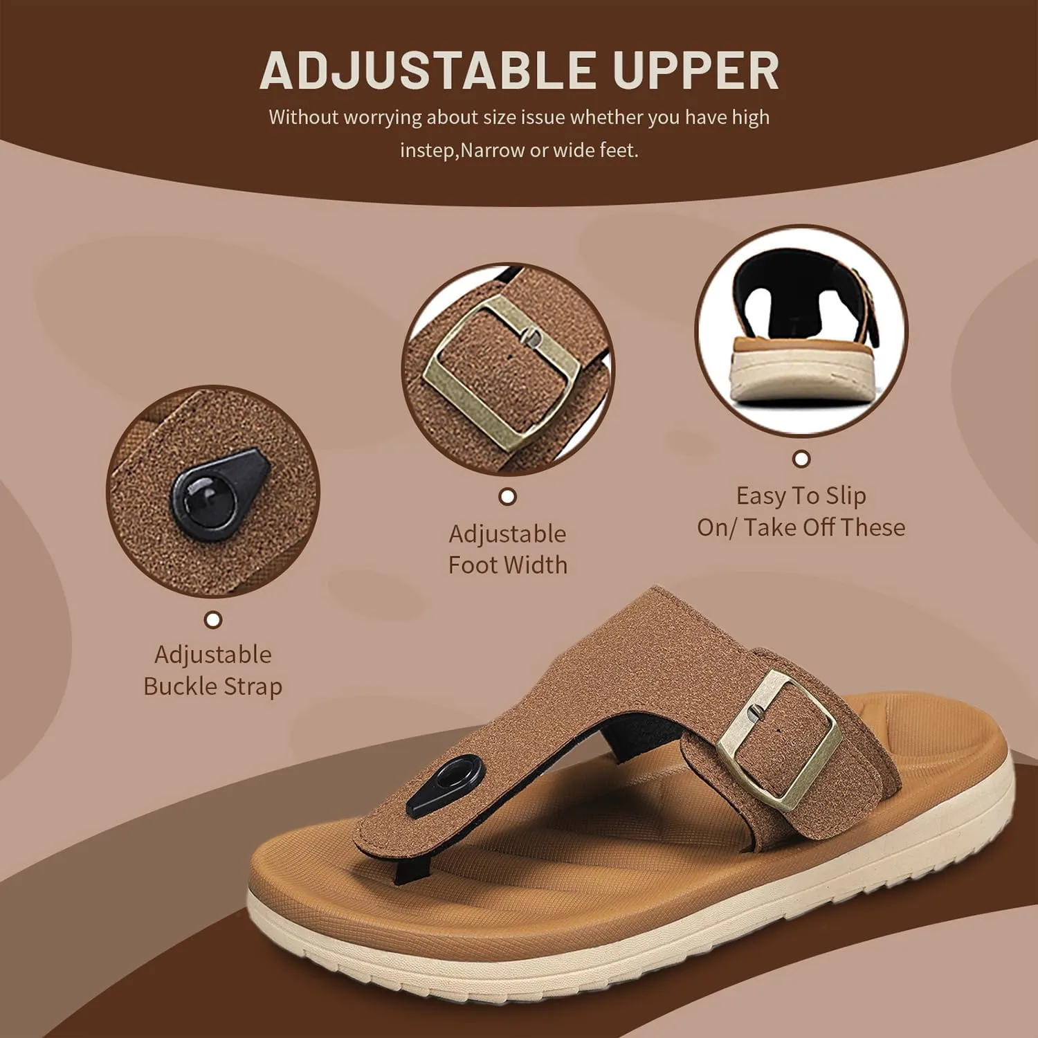 Mens Thong Sandals Adjustable Buckles Open Toe Summer Beach Flip Flops for Men, Soft Cushion Arch Support