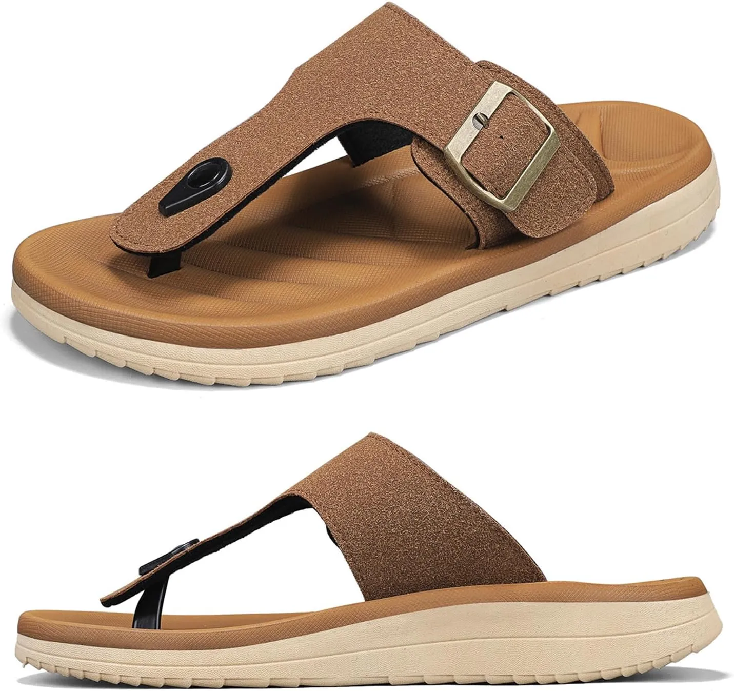 Mens Thong Sandals Adjustable Buckles Open Toe Summer Beach Flip Flops for Men, Soft Cushion Arch Support
