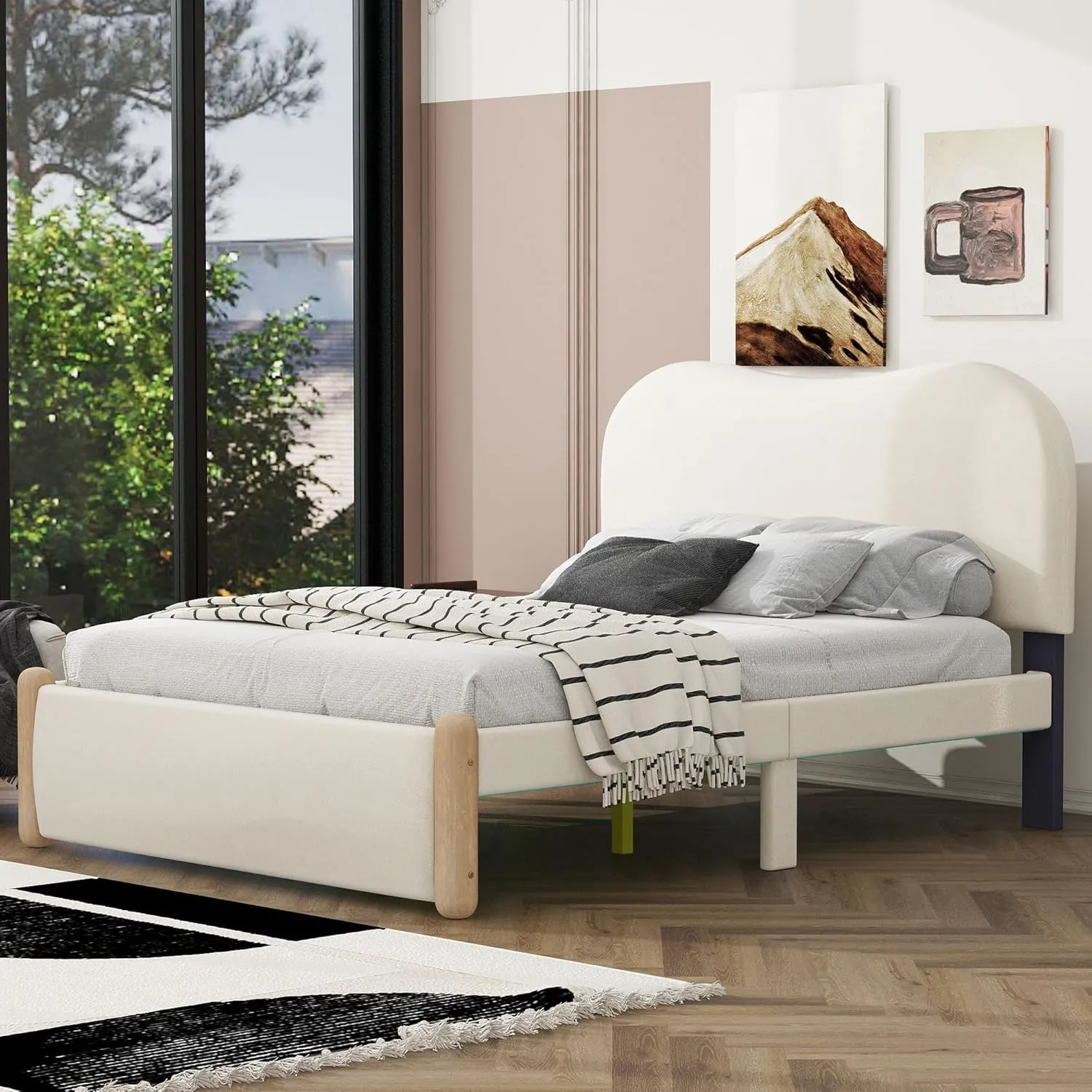 Merax Full Size Upholstered Platform Bed with Wood Supporting Feet, Beige