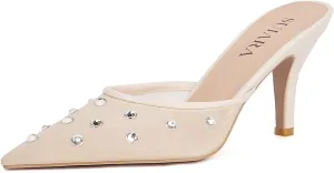 Mesh Kitten Heels for Women Pointed Closed Toe Mule Heeled Sandals Sexy Slip On Dress Pumps