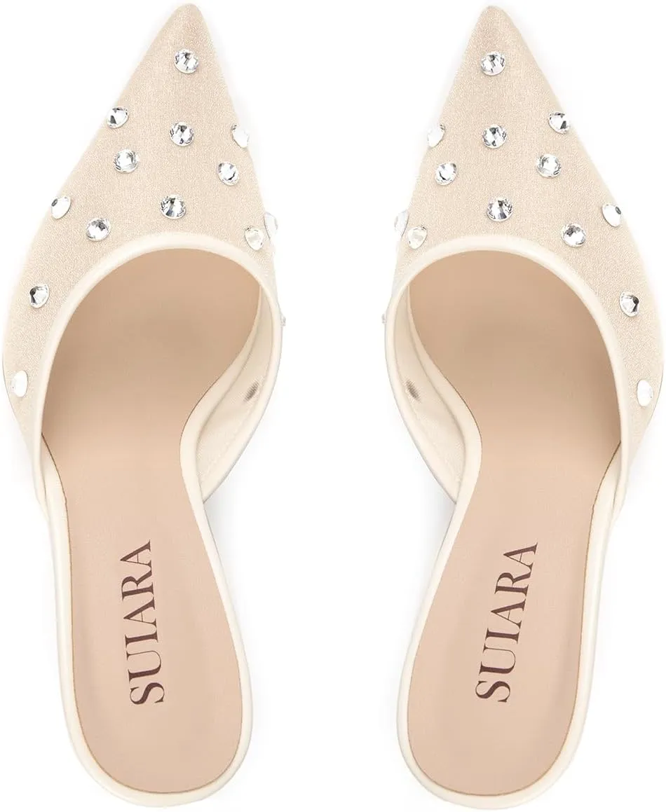 Mesh Kitten Heels for Women Pointed Closed Toe Mule Heeled Sandals Sexy Slip On Dress Pumps
