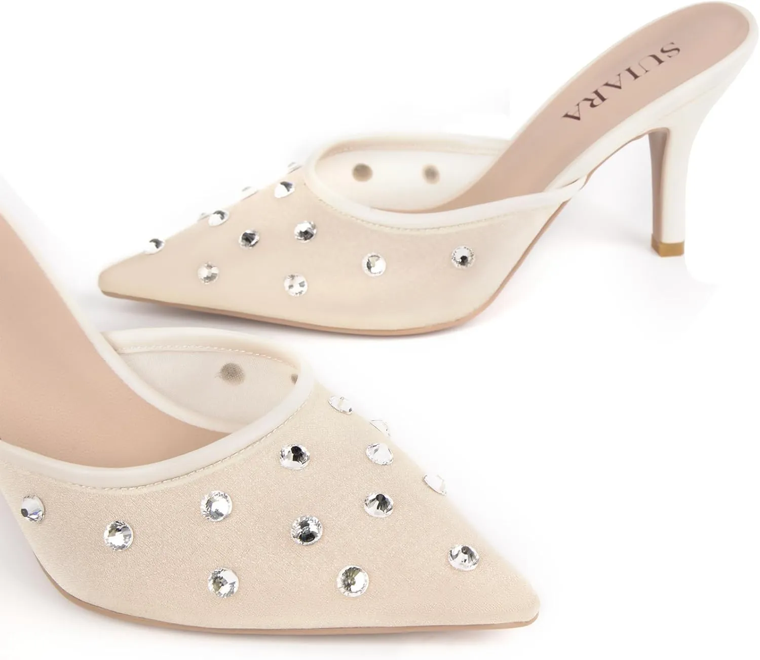 Mesh Kitten Heels for Women Pointed Closed Toe Mule Heeled Sandals Sexy Slip On Dress Pumps