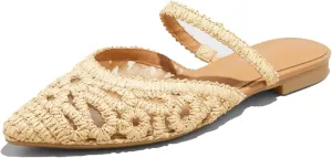 Mesh Mules for Women Comfy Raffia Woven Strap Closed Pointed Toe Mule Flats Casual Slip on Dress Slides Flats