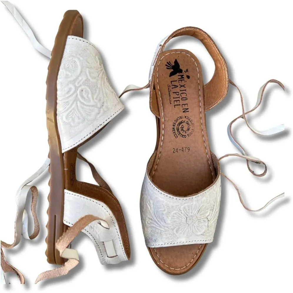 Mexico en la Piel Women's Lace-Up Huarache Sandals - Genuine Leather, Handmade with Floral Cut-Out Design, Casual Comfortable Flats, Closed-Toe and Open-Toe Options, Black and White Colors