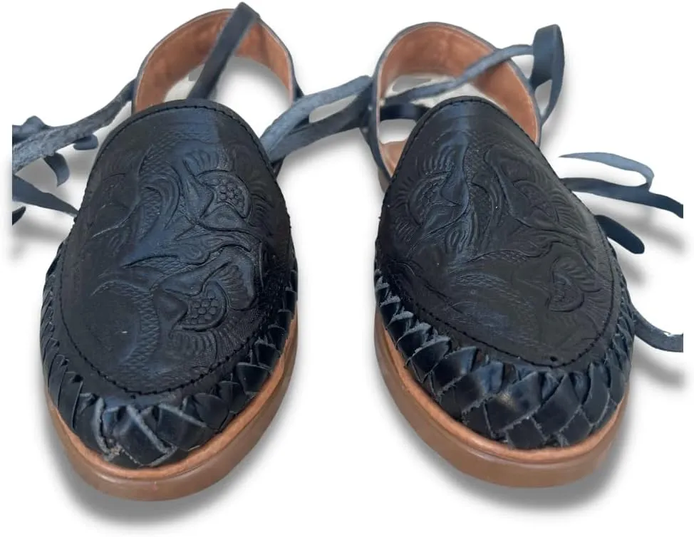 Mexico en la Piel Women's Lace-Up Huarache Sandals - Genuine Leather, Handmade with Floral Cut-Out Design, Casual Comfortable Flats, Closed-Toe and Open-Toe Options, Black and White Colors