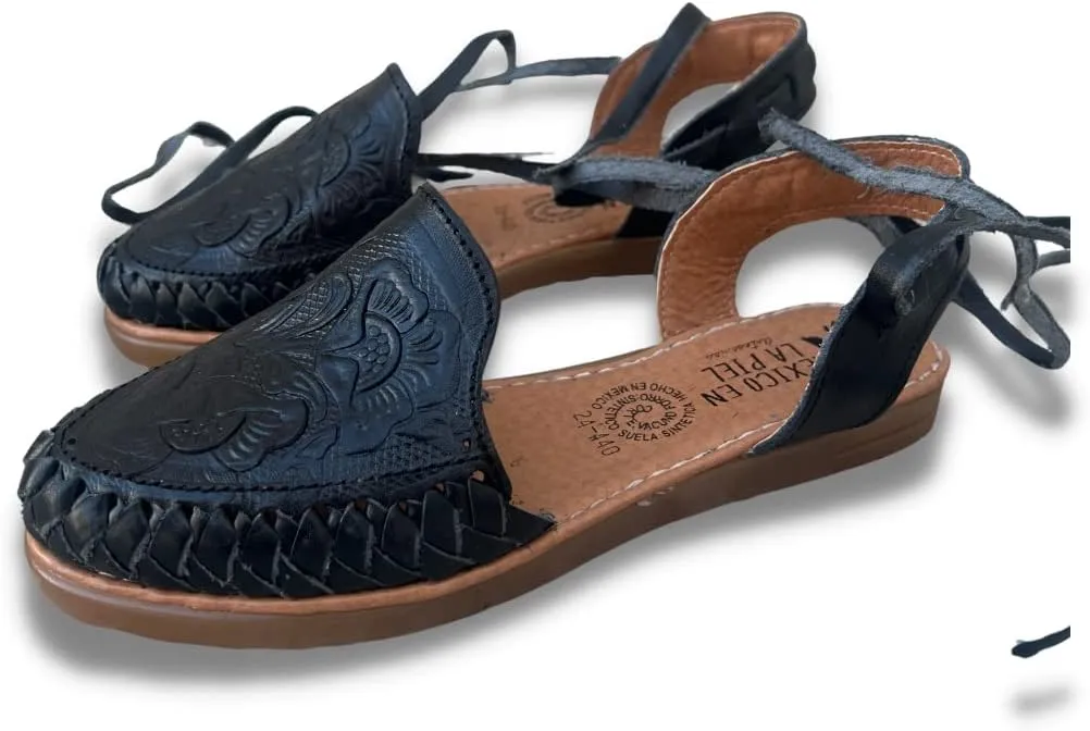 Mexico en la Piel Women's Lace-Up Huarache Sandals - Genuine Leather, Handmade with Floral Cut-Out Design, Casual Comfortable Flats, Closed-Toe and Open-Toe Options, Black and White Colors