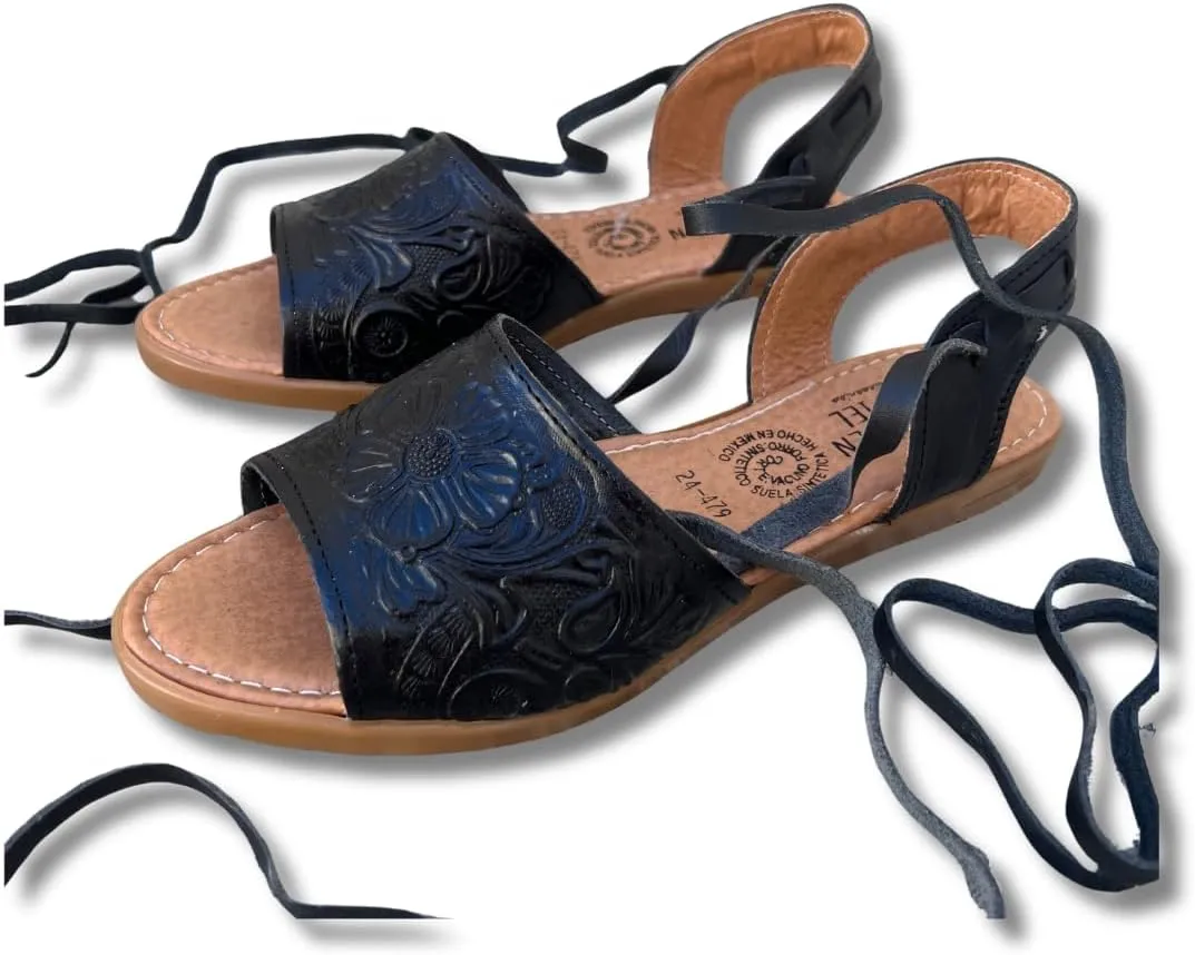 Mexico en la Piel Women's Lace-Up Huarache Sandals - Genuine Leather, Handmade with Floral Cut-Out Design, Casual Comfortable Flats, Closed-Toe and Open-Toe Options, Black and White Colors