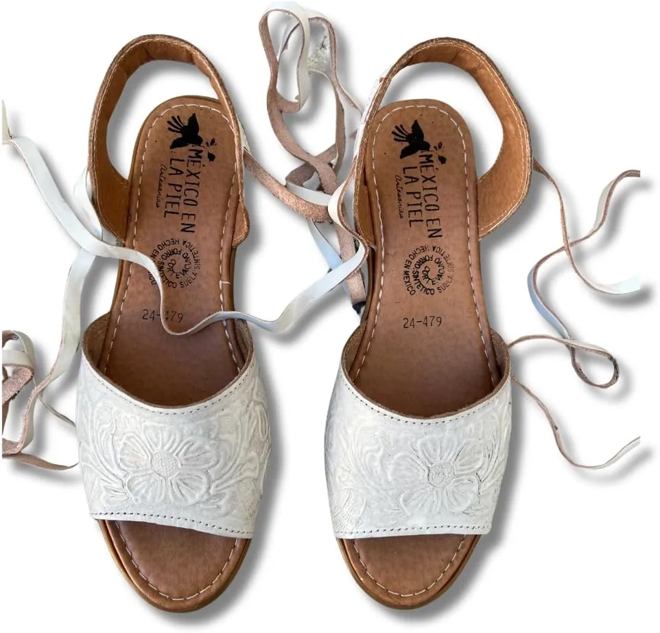 Mexico en la Piel Women's Lace-Up Huarache Sandals - Genuine Leather, Handmade with Floral Cut-Out Design, Casual Comfortable Flats, Closed-Toe and Open-Toe Options, Black and White Colors
