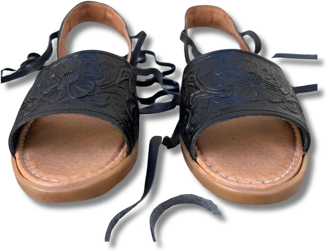 Mexico en la Piel Women's Lace-Up Huarache Sandals - Genuine Leather, Handmade with Floral Cut-Out Design, Casual Comfortable Flats, Closed-Toe and Open-Toe Options, Black and White Colors