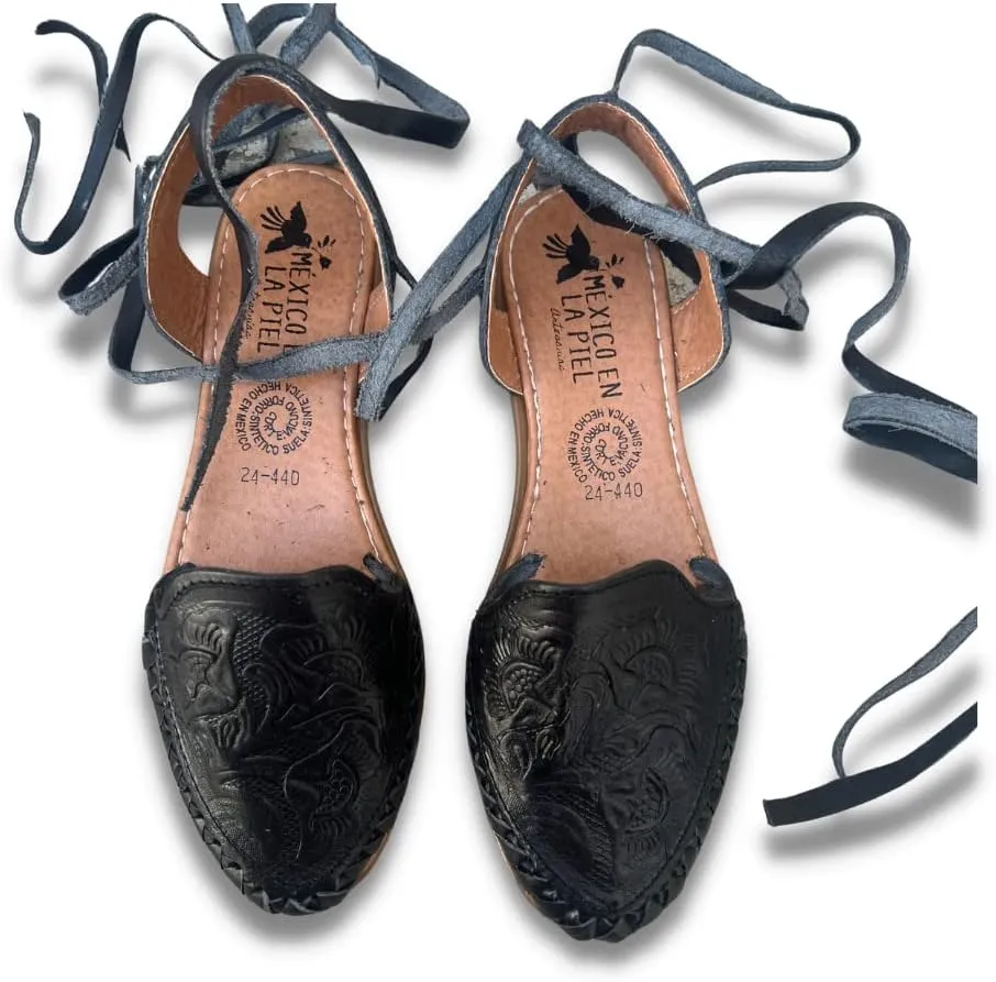 Mexico en la Piel Women's Lace-Up Huarache Sandals - Genuine Leather, Handmade with Floral Cut-Out Design, Casual Comfortable Flats, Closed-Toe and Open-Toe Options, Black and White Colors