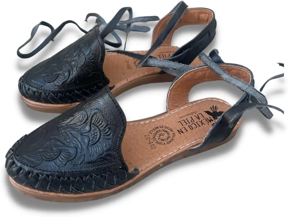 Mexico en la Piel Women's Lace-Up Huarache Sandals - Genuine Leather, Handmade with Floral Cut-Out Design, Casual Comfortable Flats, Closed-Toe and Open-Toe Options, Black and White Colors