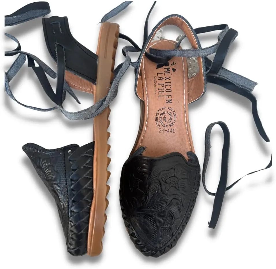 Mexico en la Piel Women's Lace-Up Huarache Sandals - Genuine Leather, Handmade with Floral Cut-Out Design, Casual Comfortable Flats, Closed-Toe and Open-Toe Options, Black and White Colors