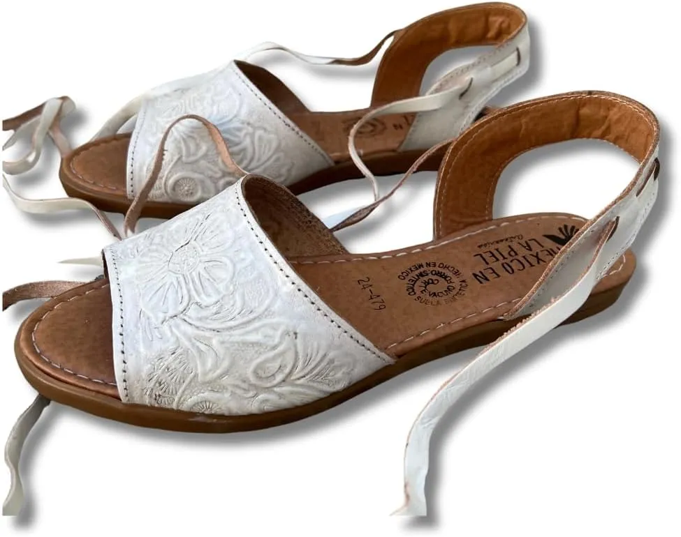 Mexico en la Piel Women's Lace-Up Huarache Sandals - Genuine Leather, Handmade with Floral Cut-Out Design, Casual Comfortable Flats, Closed-Toe and Open-Toe Options, Black and White Colors