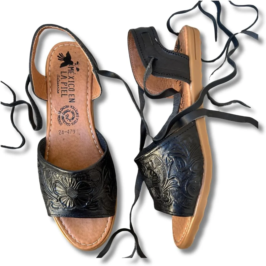 Mexico en la Piel Women's Lace-Up Huarache Sandals - Genuine Leather, Handmade with Floral Cut-Out Design, Casual Comfortable Flats, Closed-Toe and Open-Toe Options, Black and White Colors
