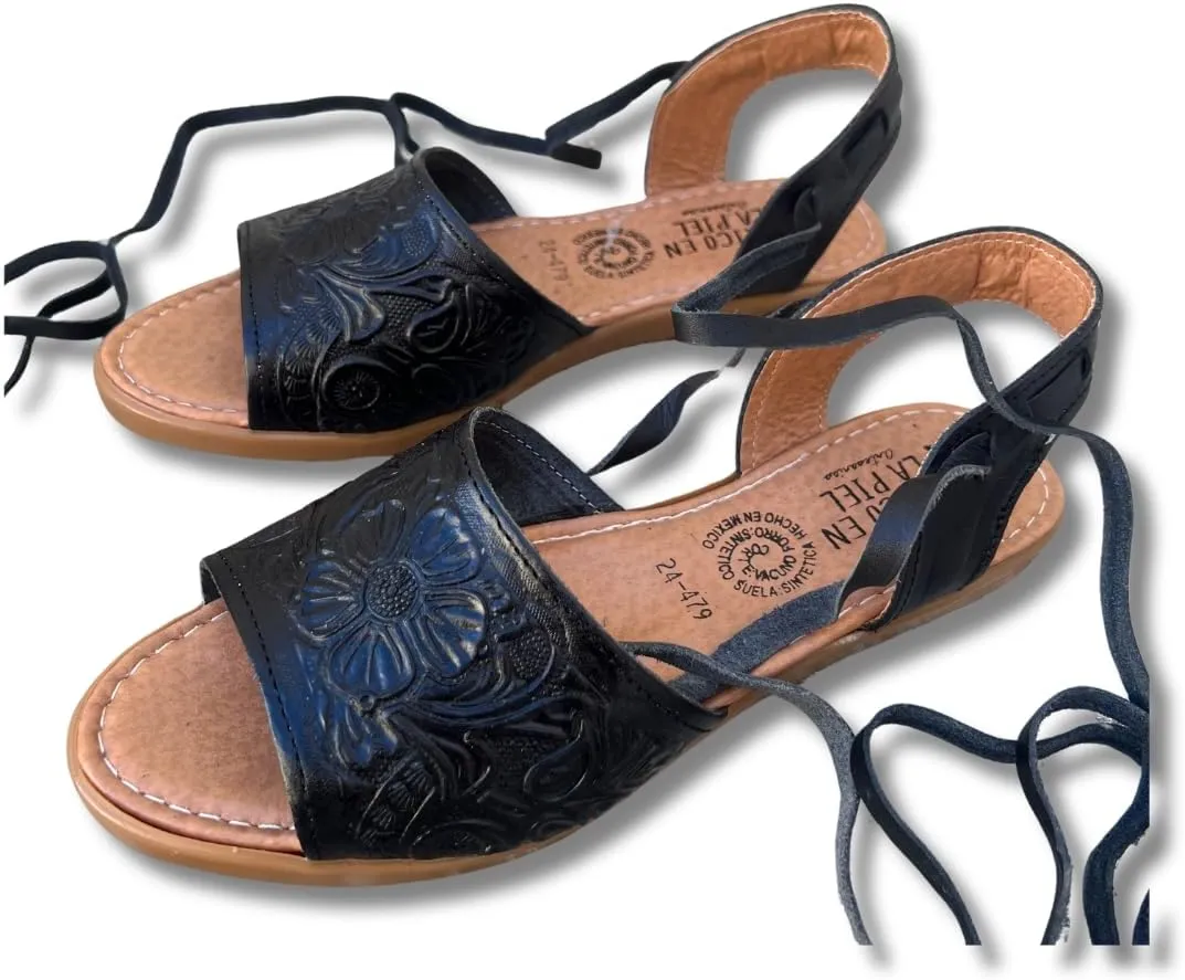 Mexico en la Piel Women's Lace-Up Huarache Sandals - Genuine Leather, Handmade with Floral Cut-Out Design, Casual Comfortable Flats, Closed-Toe and Open-Toe Options, Black and White Colors