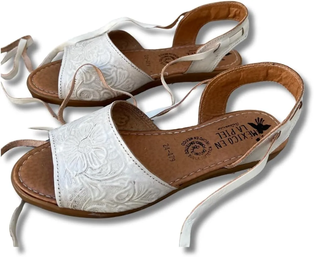 Mexico en la Piel Women's Lace-Up Huarache Sandals - Genuine Leather, Handmade with Floral Cut-Out Design, Casual Comfortable Flats, Closed-Toe and Open-Toe Options, Black and White Colors