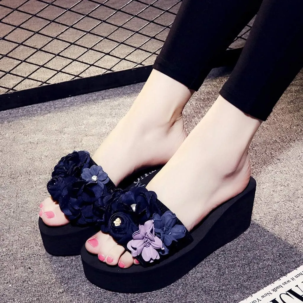 MIOKE Women's Flowers Wedge Slide Sandals Bohemia Fashion Platform Anti-Slip Comfort Summer Beach Sandals