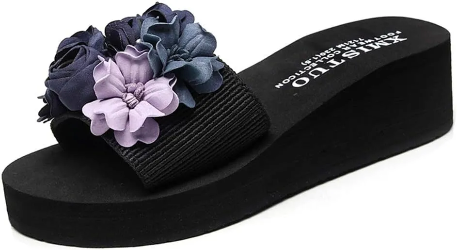 MIOKE Women's Flowers Wedge Slide Sandals Bohemia Fashion Platform Anti-Slip Comfort Summer Beach Sandals