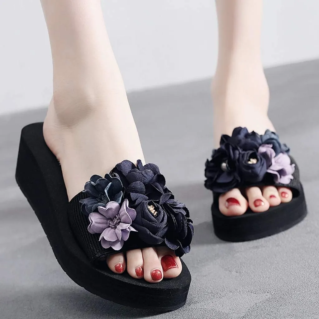 MIOKE Women's Flowers Wedge Slide Sandals Bohemia Fashion Platform Anti-Slip Comfort Summer Beach Sandals