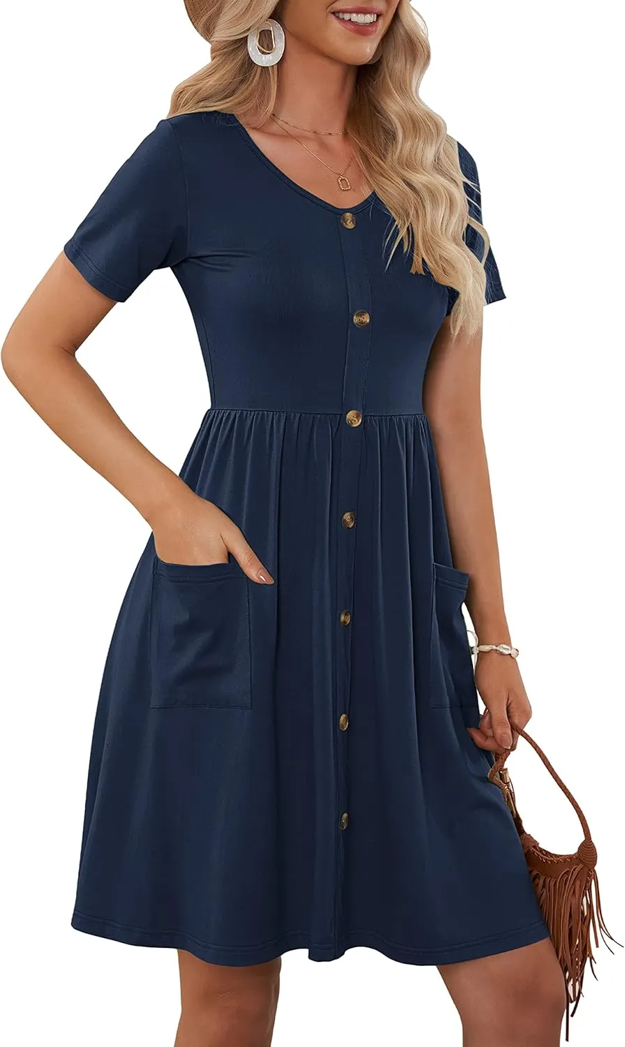 MOLERANI Women Summer Casual Short Sleeve V Neck Dresses Button Down Sundress Beach Vacation with Pockets Travel Outfits