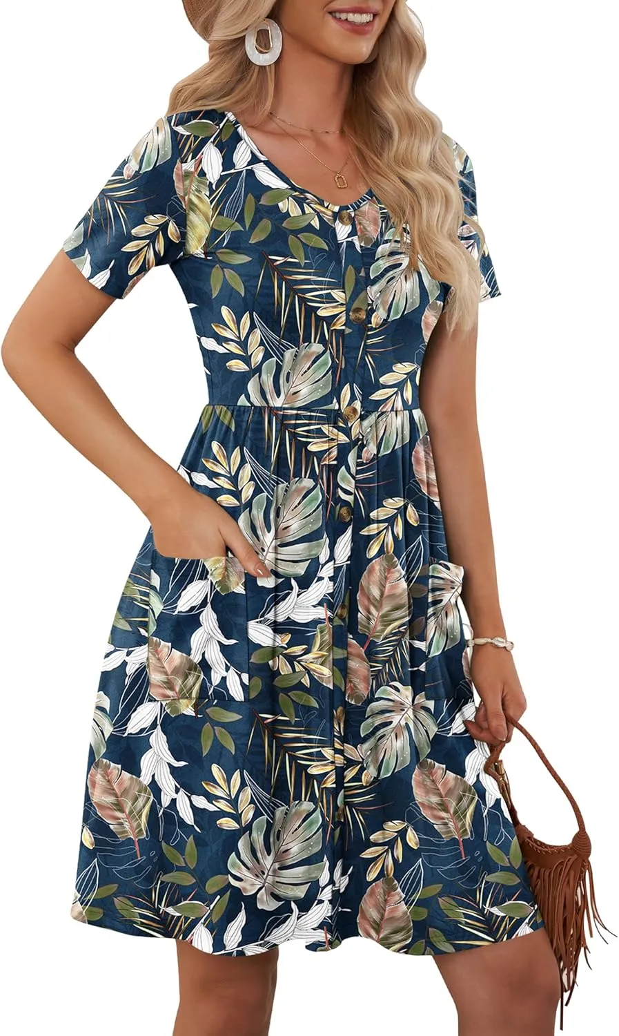MOLERANI Women Summer Casual Short Sleeve V Neck Dresses Button Down Sundress Beach Vacation with Pockets Travel Outfits