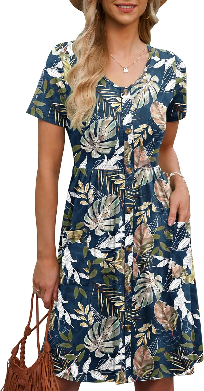 MOLERANI Women Summer Casual Short Sleeve V Neck Dresses Button Down Sundress Beach Vacation with Pockets Travel Outfits