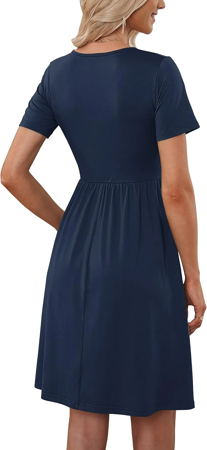 MOLERANI Women Summer Casual Short Sleeve V Neck Dresses Button Down Sundress Beach Vacation with Pockets Travel Outfits