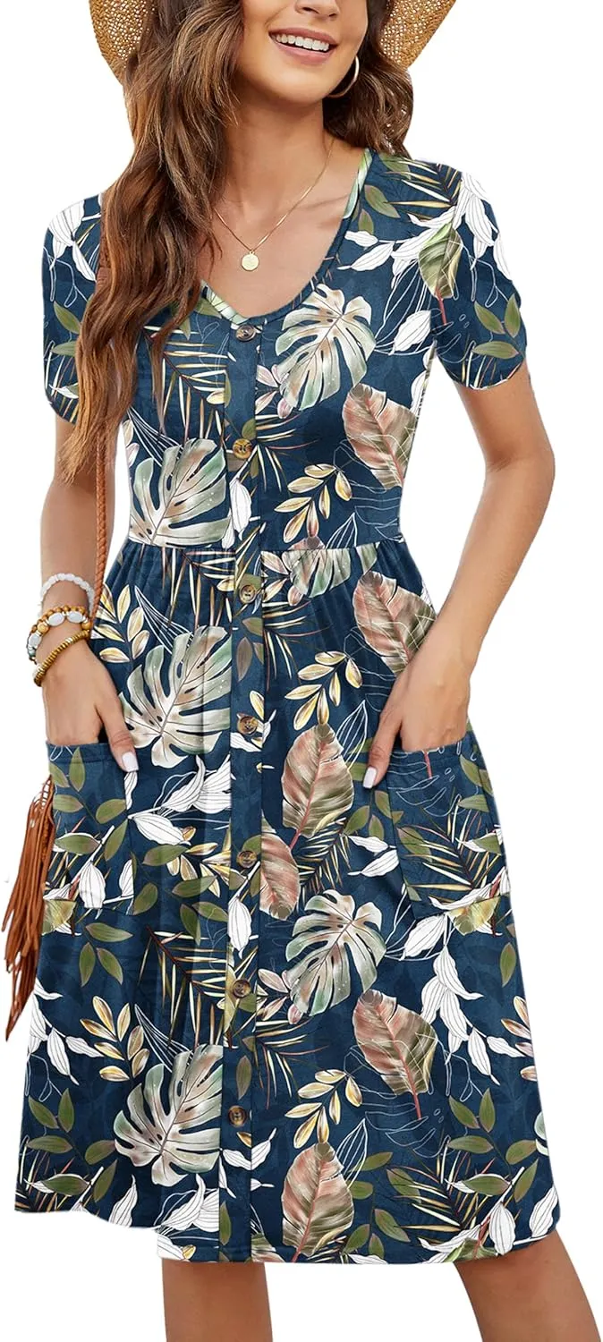 MOLERANI Women Summer Casual Short Sleeve V Neck Dresses Button Down Sundress Beach Vacation with Pockets Travel Outfits