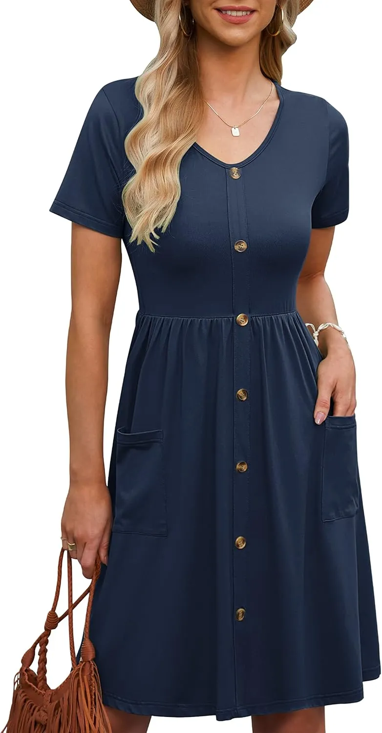 MOLERANI Women Summer Casual Short Sleeve V Neck Dresses Button Down Sundress Beach Vacation with Pockets Travel Outfits