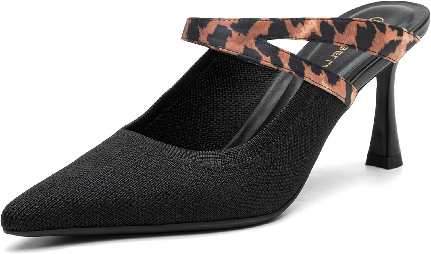 Mousse FIT Women's Pointed Toe Heel Mules for Women Knit Heeled Sandals Mules Shoes Black-Leopard