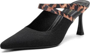 Mousse FIT Women's Pointed Toe Heel Mules for Women Knit Heeled Sandals Mules Shoes Black-Leopard